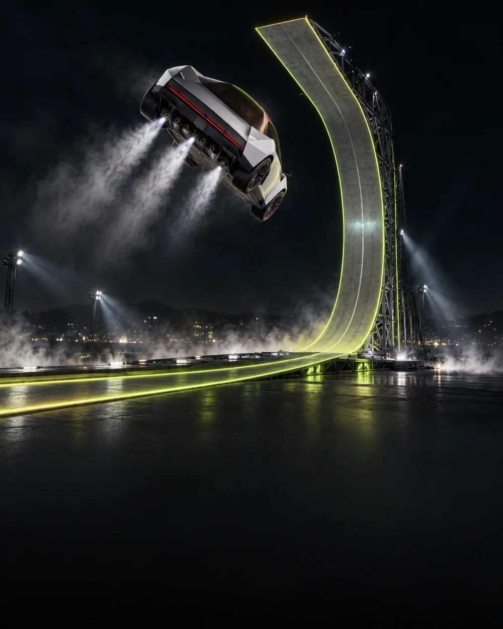 Conceptual flying car and curved track used in Webhive’s own campaign