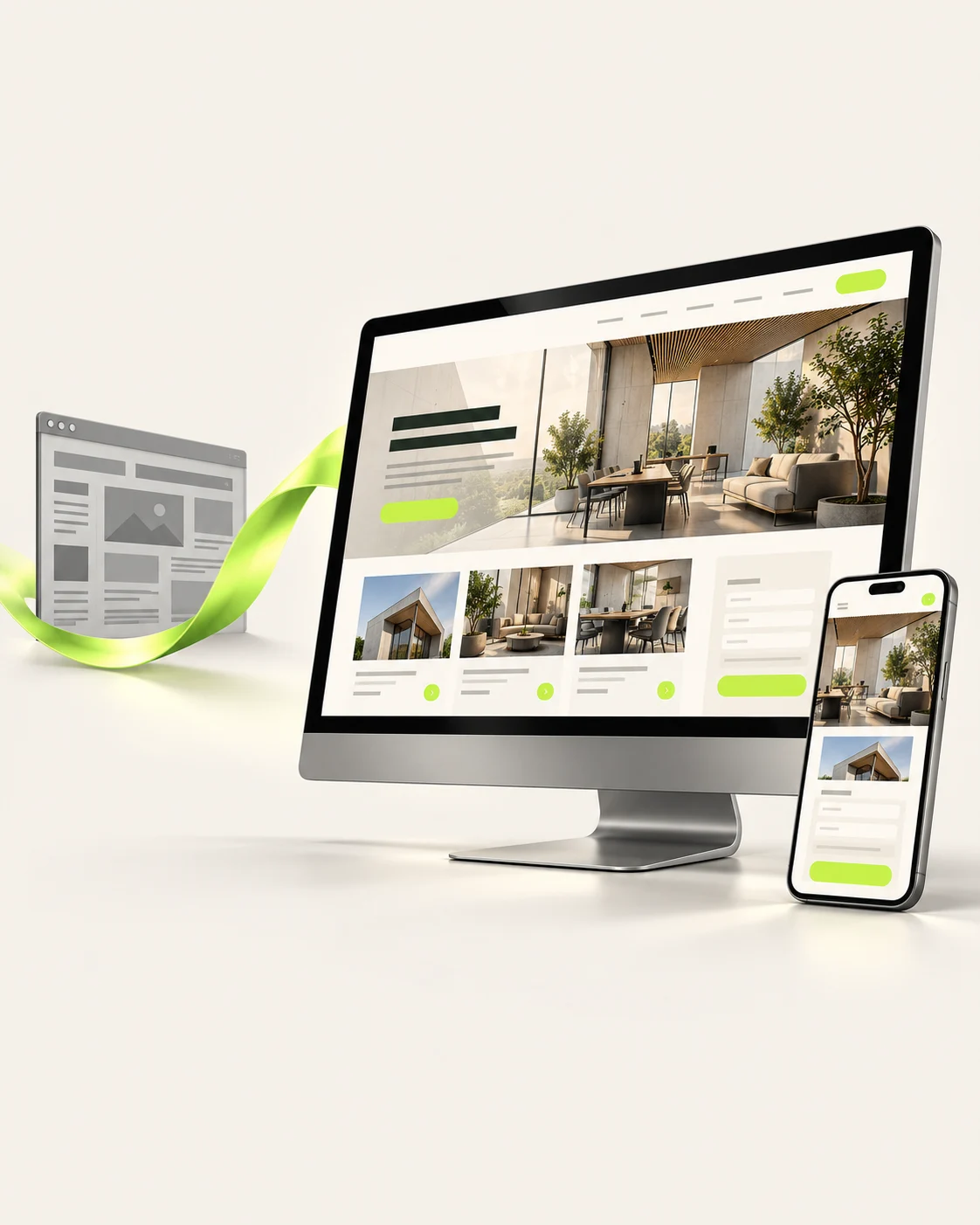 Illustrative transformation from an outdated website to a modern business website on desktop and mobile